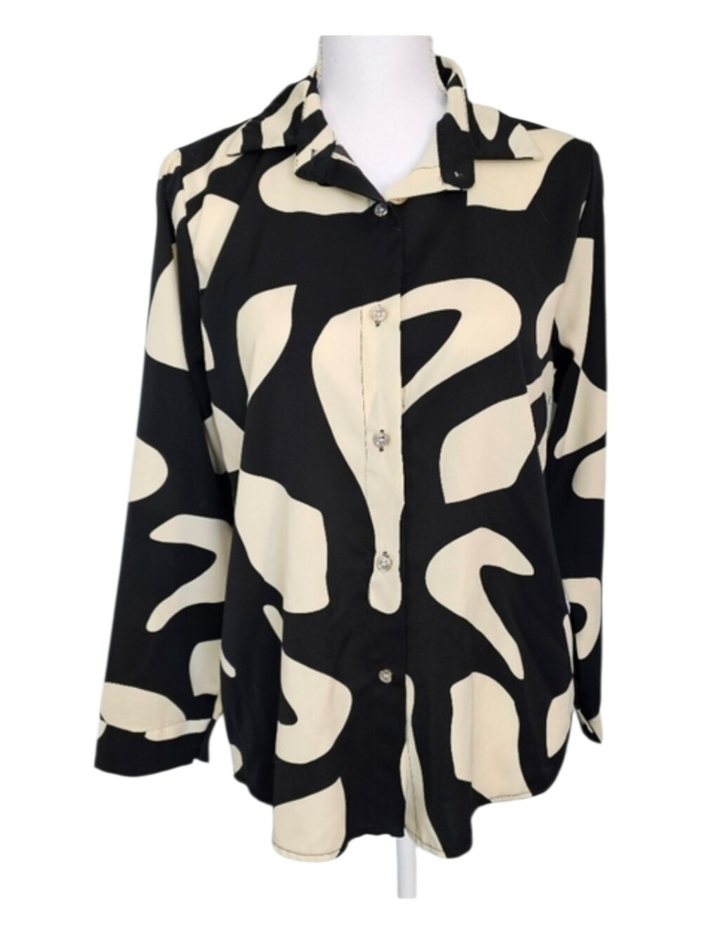 Yong Tong Black Cream Silky Abstract Button Down Blouse Women's Size M